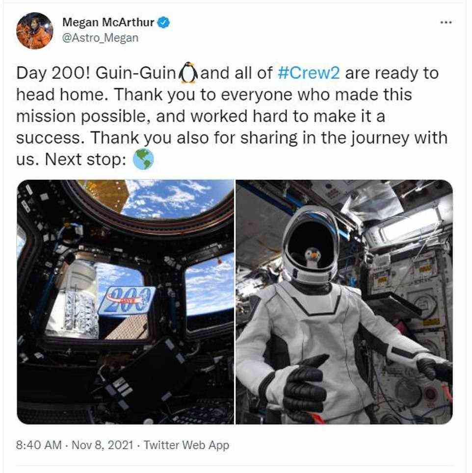 Astronaut Megan McArthur shared a post in her twitter account ahead of the crew's return to Earth. They have spent 200 days on the International Space Station since launching to the ship in April
