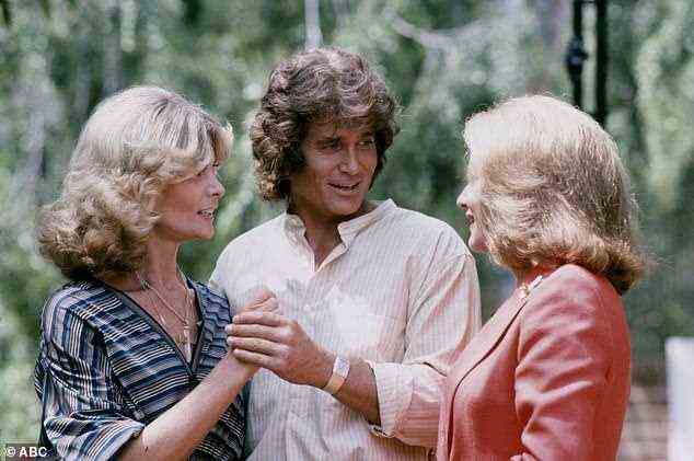 Michael Landon, pictured with second wife Marjorie Lynn Noe Landon (left) and Barbara Walters in 1978, is said to have fostered a sexist culture on set resembling an 'old boys' club'