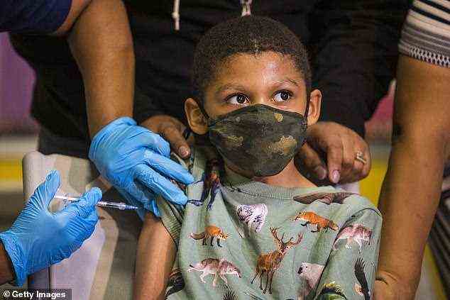 The US last week approved vaccinating five to 11-year-olds with the Pfizer jab. Pictured: Christopher Reyes, nine, receives a jab at a vaccination pop-up site at on November 8 in the Lower East Side in New York City