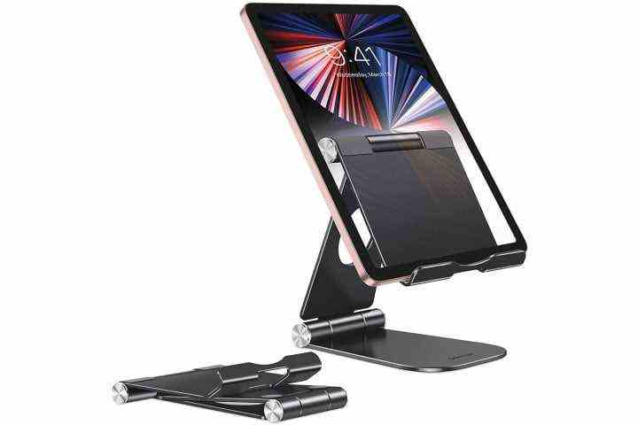 Omoton Foldable Tablet Stand holding a tablet.