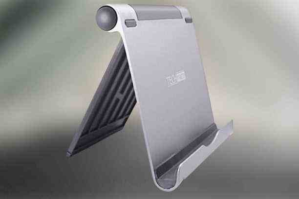 A tablet stand from Techmatte in a brushed silver finish.