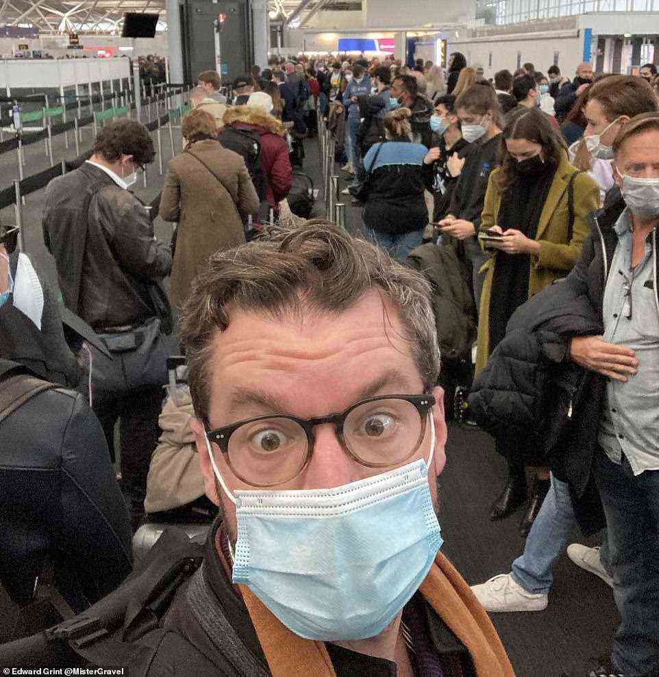 Bass baritone singer Edward Grint, stuck in a queue at Stansted, tweeted this picture and said: 'Stansted or Standstill?'