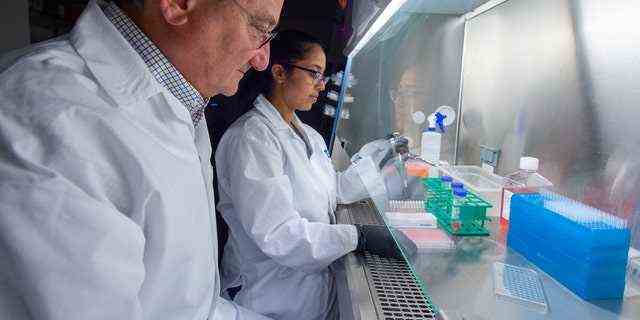 Direktor von Wistar's Vaccine &  Das Immuntherapiezentrum Dr. David Weiner (links) überwacht die Arbeit von wissenschaftlicher Assistenzprofessorin Dr. Ami Patel vor der COVID-19-Pandemie. 