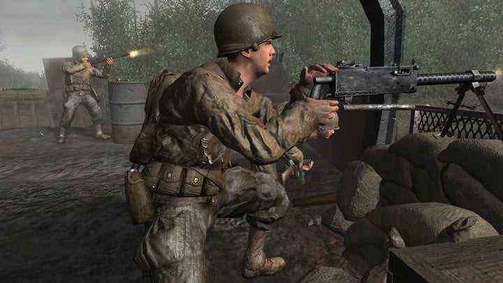 Soldier using mounted machinegun in Call of Duty 2.