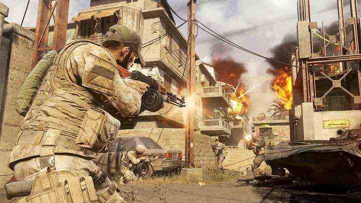 Soldiers shooting on the Backlot map in Call of Duty: Modern Warfare Remastered.