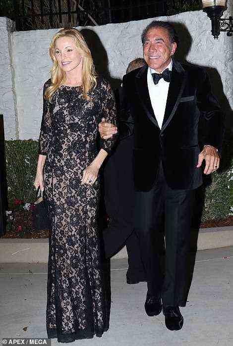 Dapper: Steve Wynn, 79, looked dapper in a velvet tuxedo and a bow tie as he approached the wedding venue with his gorgeous wife Andrea Hissom, 51