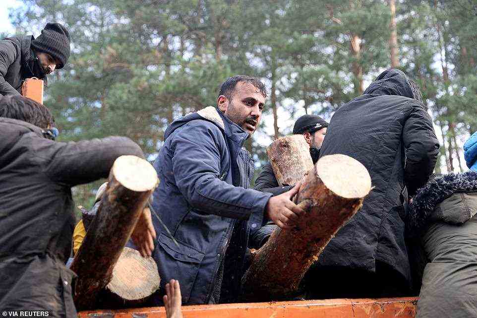 Migrants unload logs during the distribution of humanitarian aid in a makeshift camp on the Belarusian-Polish border