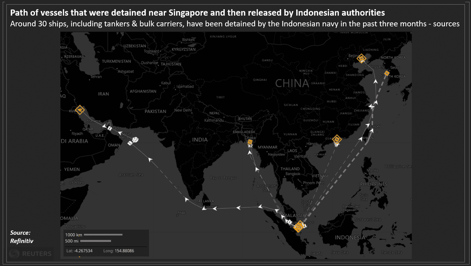 Pfad der Schiffe, die in der Nähe von Singapur festgenommen und dann von indonesischen Behörden freigelassen wurden