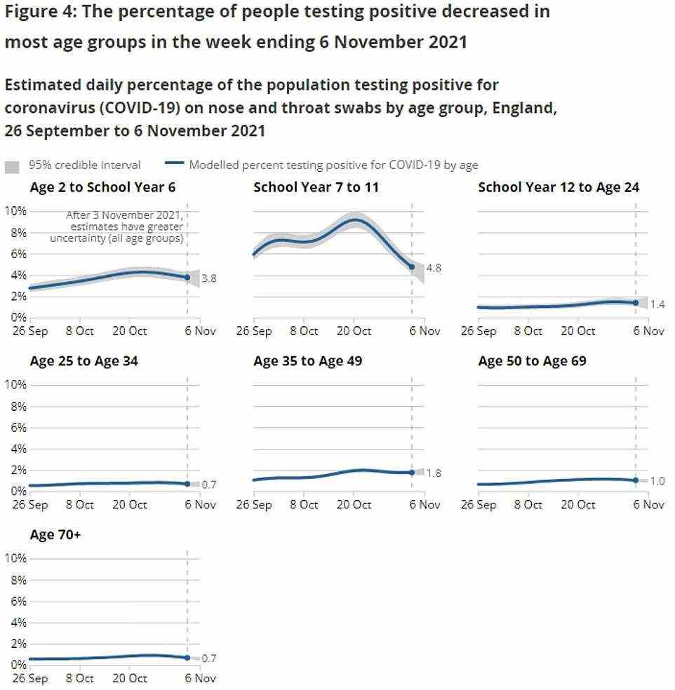 The graphs show the estimated number of Britons infected with Covid within different age groups. The ONS calculated that cases remained highest among children aged 11 to 16, but fell from 7.5 per cent on the week ending October 30 to 4.8 per cent on the seven days up to November 6. During the most recent seven-day spell cases also fell among almost all other age groups as well, including under-11s (3.8 per cent), those aged 25 to 34 (0.7 per cent), 35 to 49 (1.8 per cent), 50 to 69 and the over-70s (1 per cent). But cases remain highest among young people and the trend was uncertain among 17 to 24-year-olds (1.4 per cent)