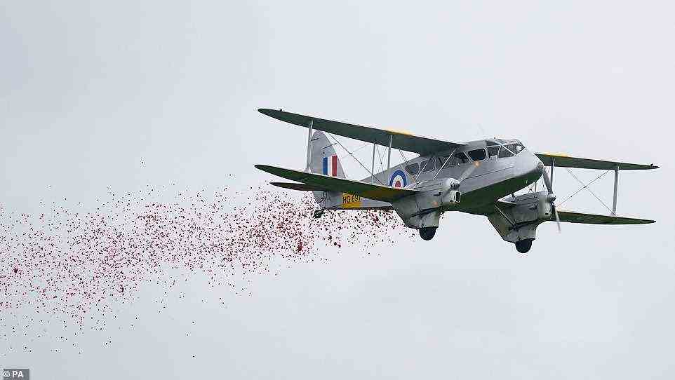 Dragon Rapide drops 80,000 poppies across the airfield during the Remembrance service at IWM Duxford in Cambridgeshire