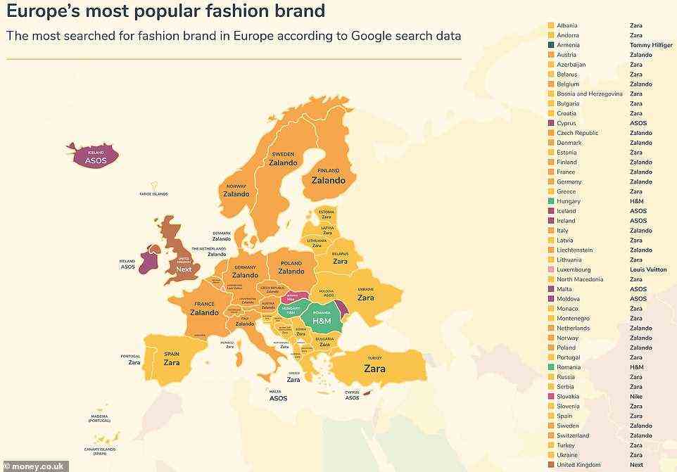 Die europäische Karte zeigt, dass der größte Teil des Kontinents Zara mit Ehrfurcht bewundert. 20 Länder in Europa suchen mehr nach Zara als nach jeder anderen Marke.  Next ist jedoch Top in Großbritannien