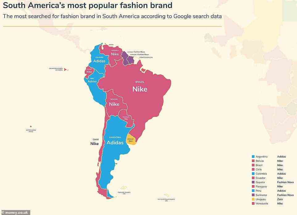 In Südamerika teilt sich die Google-Suche hauptsächlich zwischen Nike und Adidas