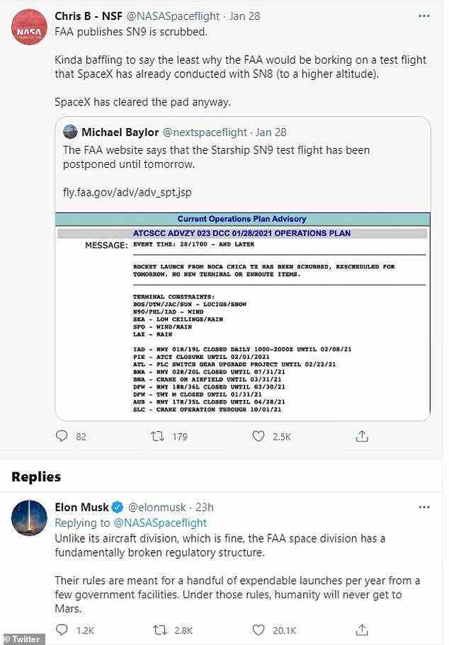 Obwohl Musk den Zeitplan der FAA zu schätzen schien, war der Milliardär mit der Agentur nicht immer zufrieden.  Im Januar verprügelte er die FAA auf Twitter wegen ihrer Regeln für Weltraumstarts, die eine Verzögerung beim Start der Rakete Starship Serial Number 9 (SN9) von SpaceX verursachten