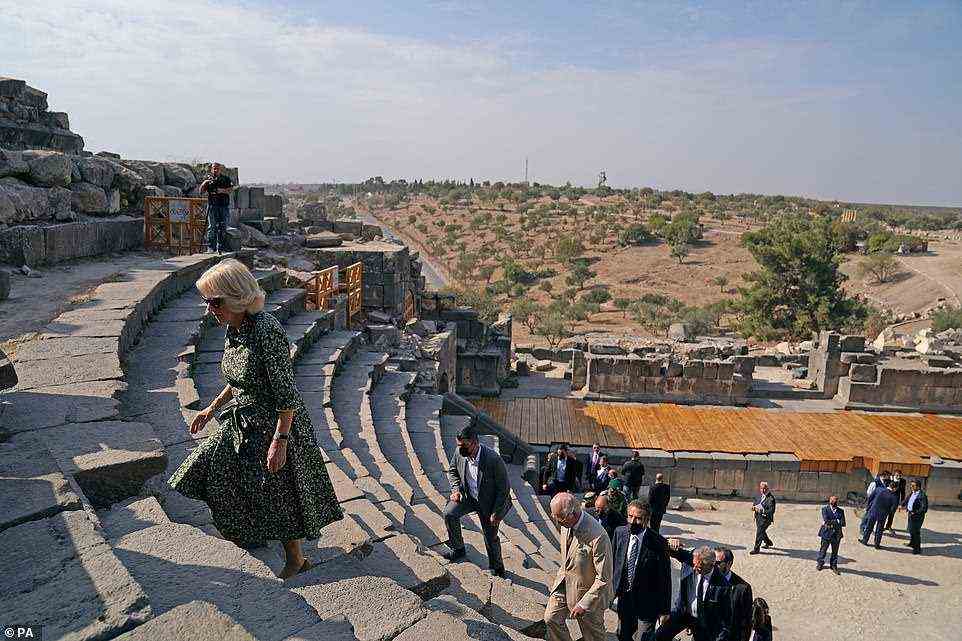 Camilla strides on: The wife of the future king appeared to negotiate the steep stone steps at the amphitheatre with ease