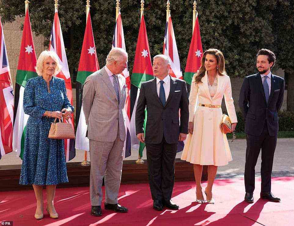 The Prince of Wales and Duchess of Cornwall are welcomed by King Abdullah II, Queen Rania Al-Abdullah and Crown Prince Hussein at the Al Husseiniya Palace in Amman, Jordan, on the first day of their tour of the Middle East on Tuesday