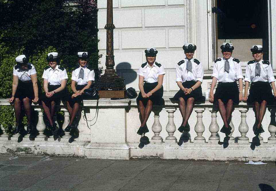 Metropolitan policewomen photographed during a break in duties near the Libyan Embassy, St James's Square during the 11 day siege after WPC Yvonne Fletcher was fatally shot in 1984