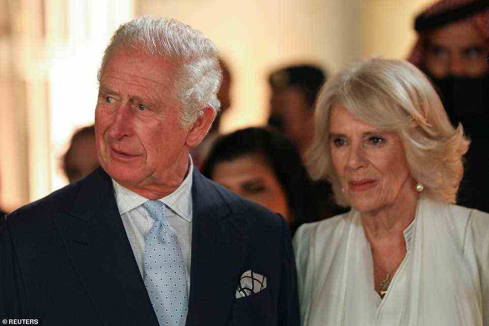 The Duchess of Cornwall sported a glamourous makeup look with a nude lip and mascara, bringing the focus to her blue gaze. Pictured, with Prince Charles