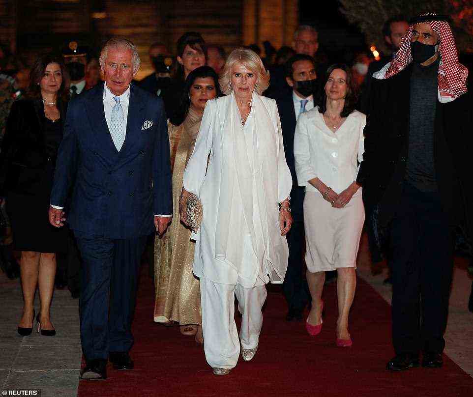 Prince Charles and the Duchess of Cornwall were joined by British Ambassador to Jordan Bridget Brind and Jordanian Prince Ghazi bin Muhammad, right