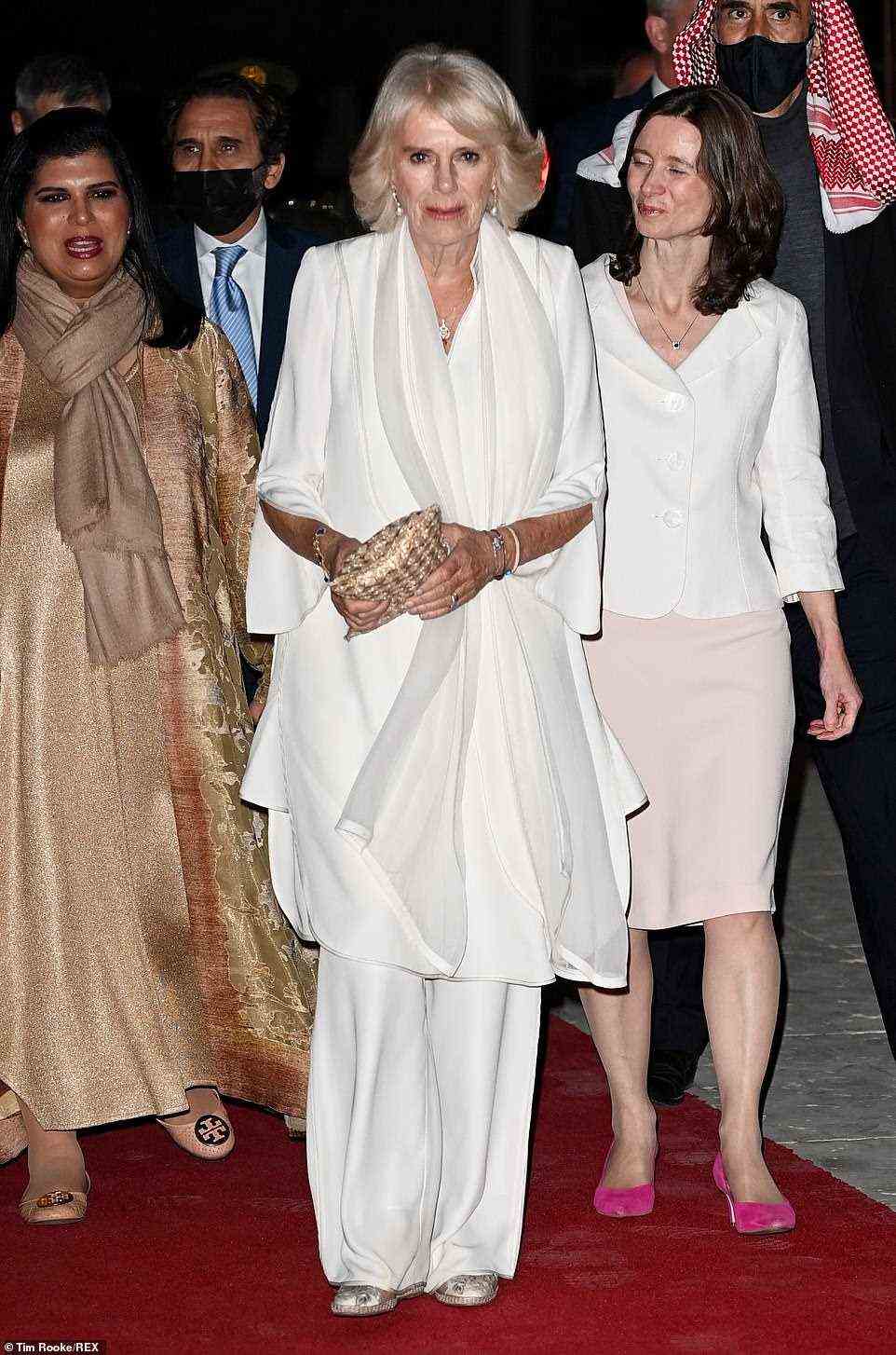Camilla made a stylish entrance tonight with an all-white ensemble. The evening will culminate with the couple viewing the Dead Sea scrolls exhibit
