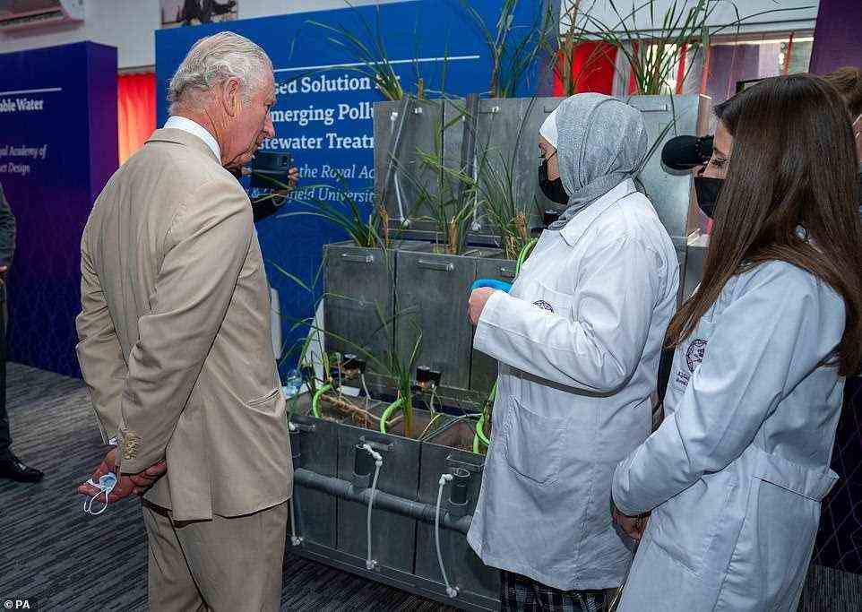 During the tour, the Prince of Wales was shown a reed bed sewage treatment machine. The plant-based systems see organic matter in effluent digested by bacteria, fungi and algae