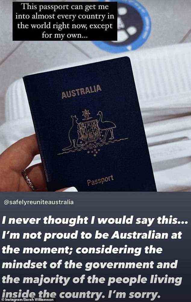 „Nicht stolz“: Es kommt, nachdem Williamson letzten Monat Australiens Sperren zugeschlagen hat.  Sie teilte einen Beitrag auf Instagram mit, in dem sie sagte, dass „gehirngewaschene“ Australier „in einer totalitären Gesellschaft leben“