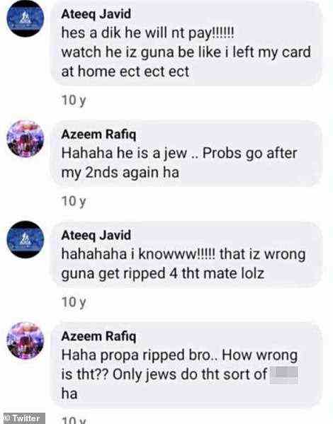 The exchange appears to show Rafiq, then 19, and Javid making offensive remarks about an unidentified Asian cricketer in 2011 who they accused of not paying a dinner bill because 'he is a Jew'
