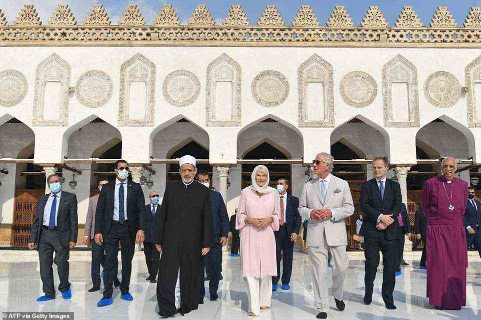 Egyptian Islamic scholar and the current Grand Imam of al-Azhar mosque, Sheikh Ahmed Al-Tayeb welcomed Prince Charles and Camilla upon their arrival at the mosque