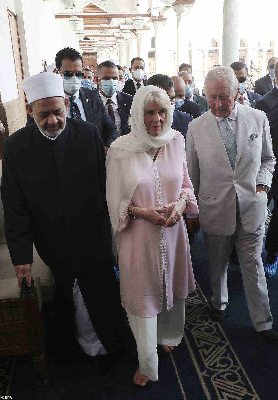 The royal couple toured the Al Azhar Mosque in Cairo alongside the Grand Imam of Al-Azhar, Sheikh Ahmed el-Tayeb (left)