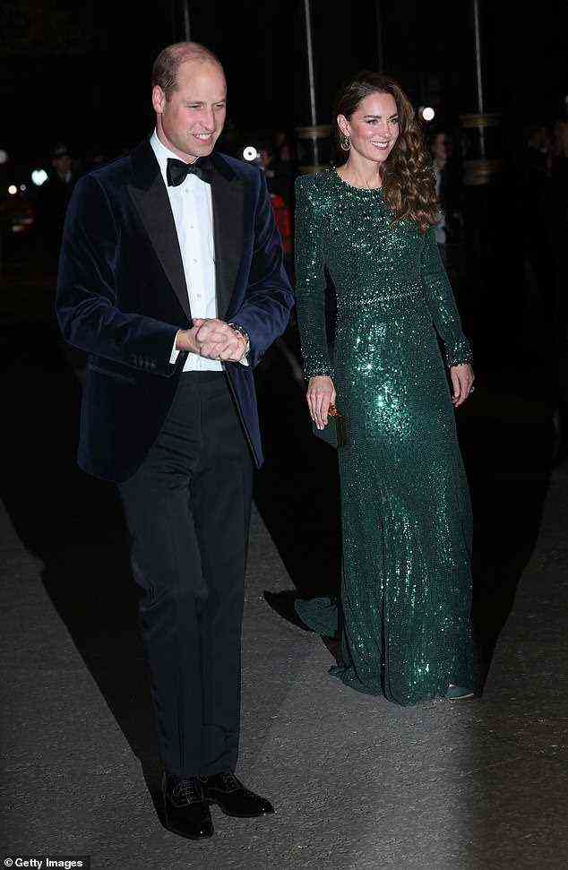 Kate looked sensational in a green sequinned gown by Jenny Packham that she first wore on a 2019 tour of Pakistan for the event in London, while Prince William opted for a smart velvet suit