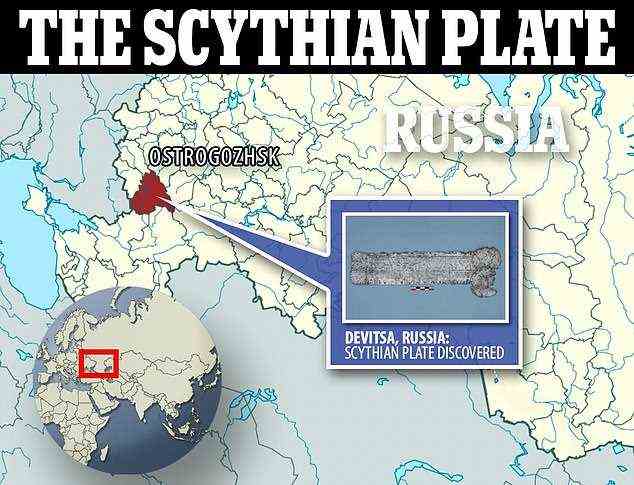 Die Platte wurde in einem Grab gefunden, das Teil einer skythischen Nekropole in der Nähe der Stadt Devitsa außerhalb von Ostrogozhsk im Westen Russlands ist