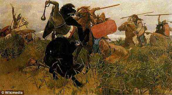 Die Skythen waren eine barbarische Gruppe von Reiternomaden, die vom neunten bis zum ersten Jahrhundert vor Christus einen weiten Teil Eurasiens beherrschten.  Abgebildet ist ein Gemälde von 1881 einer Schlacht zwischen Skythen (rechts) und Slawen (links)