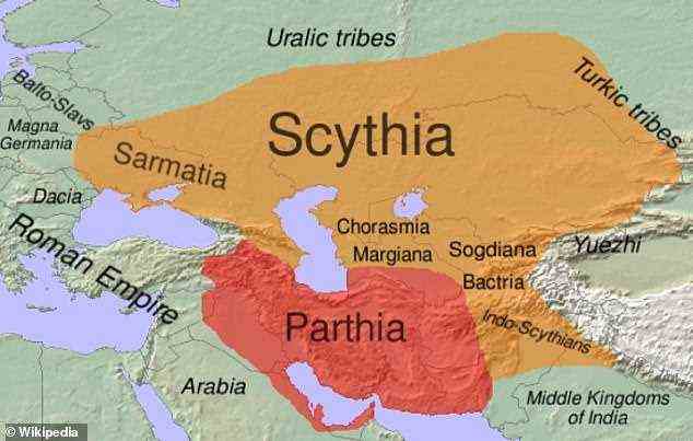 Die Skythen waren eine Gruppe von Nomadenstämmen, die ursprünglich zwischen 900 und 200 v. Chr. Im heutigen Südsibirien lebten.  Oben: Ihr Einfluss erstreckte sich über Zentralasien, von China bis zum Schwarzen Meer