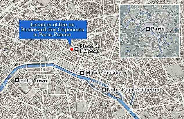 Eine Karte zeigt, wo das Feuer auf dem Boulevard des Capucines in der Nähe des Place de L'Opera . ausgebrochen ist