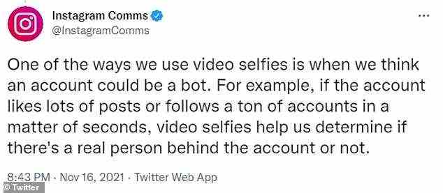 Neue Konten mit verdächtigen Aktivitäten, einschließlich der Verfolgung von „einer Menge Konten in Sekundenschnelle“, können laut dem Instagram-Kommunikationsteam eine Video-Selfie-Anfrage erhalten