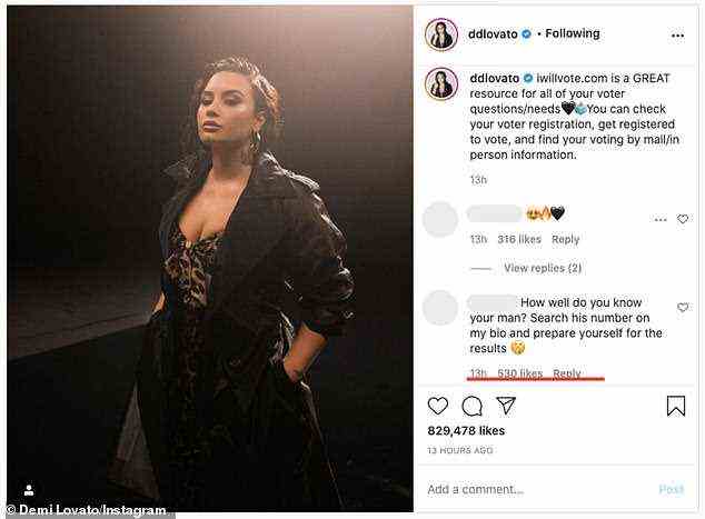 In einem Instagram-Post vom Oktober 2020 von Demi Lovato (oben) stammte der Top-Kommentar von einem Bot, der fragte: „Wie gut kennen Sie Ihren Mann?  Suchen Sie in meiner Biografie nach seiner Nummer und bereiten Sie sich auf die Ergebnisse vor.'