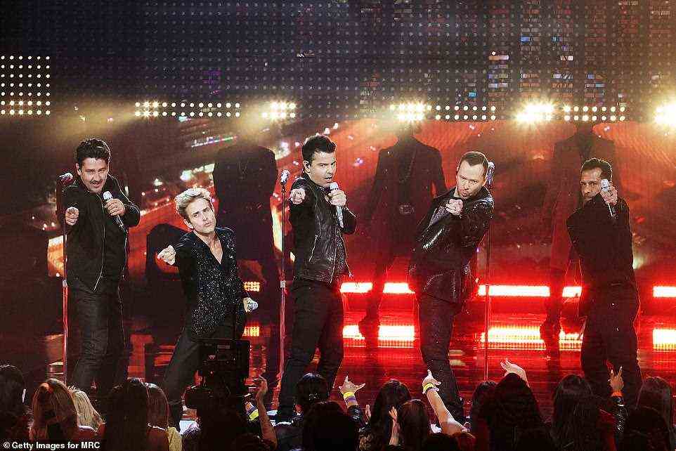 NKOTB: New Kids on the Block (which consists of Jonathan and Jordan Knight, Joey McIntyre, Donnie Wahlberg, and Danny Wood) took the stage first and performed The Right Stuff