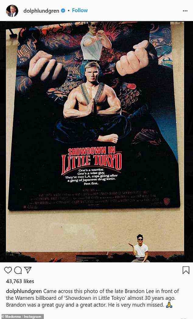 Erinnerungen: Lee beschäftigte Lundgren im August vor den Dreharbeiten zu Rust.  Er postete einen Rückblick auf den verstorbenen Star mit dem Poster zu ihrem Film Showdown In Little Tokyo