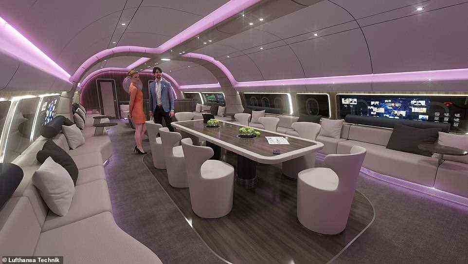 Der abgebildete multifunktionale Lounge-Bereich in der Mitte des Flugzeugs verfügt über ein in Wände und Decken integriertes Projektionssystem