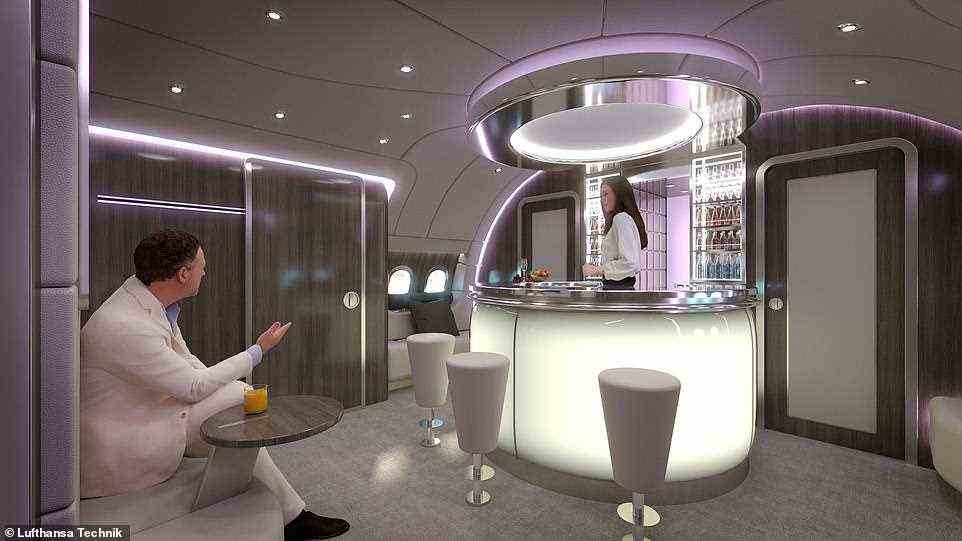 Eine Darstellung der Bar des renovierten Airbus.  Zu den weiteren Annehmlichkeiten gehören Büros, ein Essbereich und ein Konferenzraum