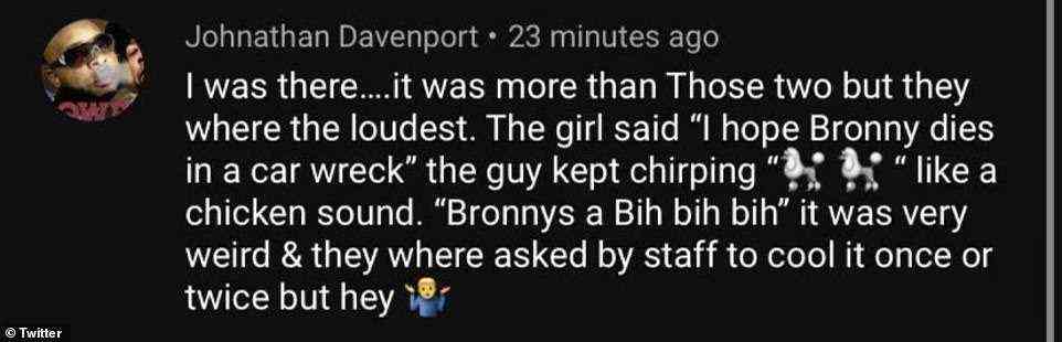 Ein YouTuber, der behauptete, in der Nähe des Paares zu sitzen, sagte, er habe abfällige Kommentare über Lebrons ältesten Sohn Bronny abgegeben