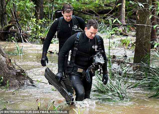 Zwei Polizeitaucher tauchen nach einer Durchsuchung eines Damms in Kendall an der mittleren Nordküste von NSW aus dem Wasser auf