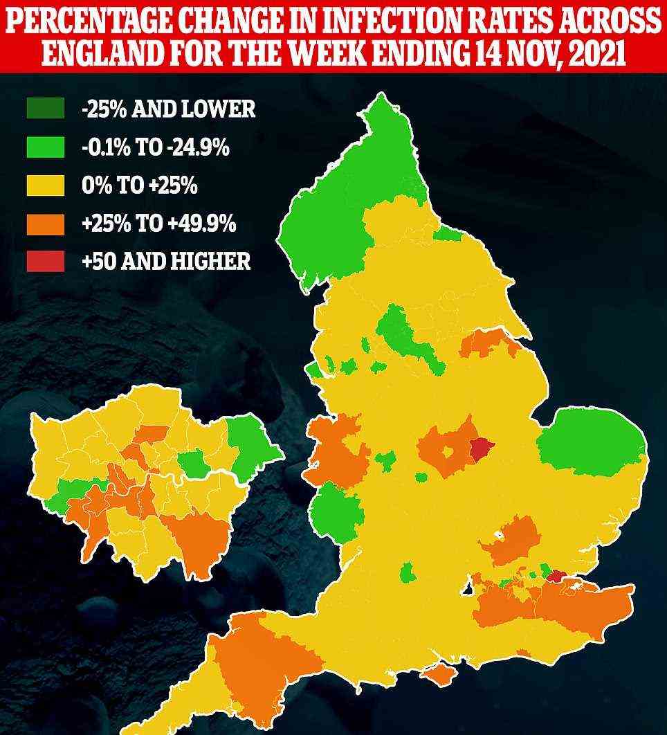 Die Karte zeigt den Anstieg der Infektionsraten in den lokalen Behörden in ganz England in der Woche zum 14. November
