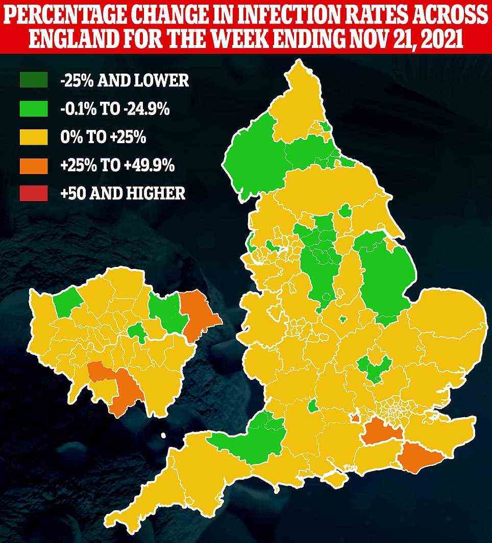 Die Karte zeigt den Anstieg der Infektionsraten in den lokalen Behörden in ganz England in der Woche zum 21. November