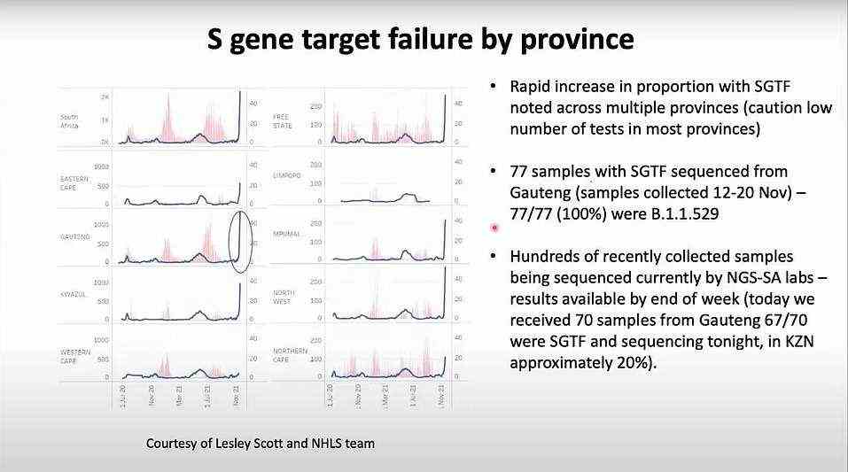 The above slide shows the proportion of tests that picked up a SGTF mutation, a hallmark of the B.1.1.529. It suggests that the Covid variant may be spreading rapidly in the country. The slide was presented at a briefing today run by the South African Government