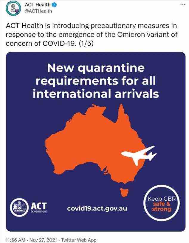 Those arriving from overseas into the ACT will need to isolate until midnight next Tuesday