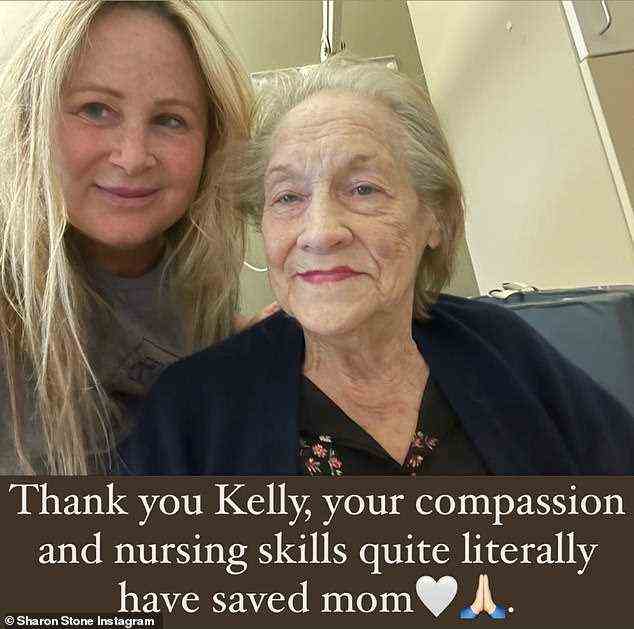 Dankbar: Der jüngste Social-Media-Beitrag zeigte Dorothy mit ihrer Krankenschwester und der Star von Basic Instinct schrieb: „Danke Kelly, dein Mitgefühl und deine Fähigkeiten in der Pflege haben Mama buchstäblich gerettet.“