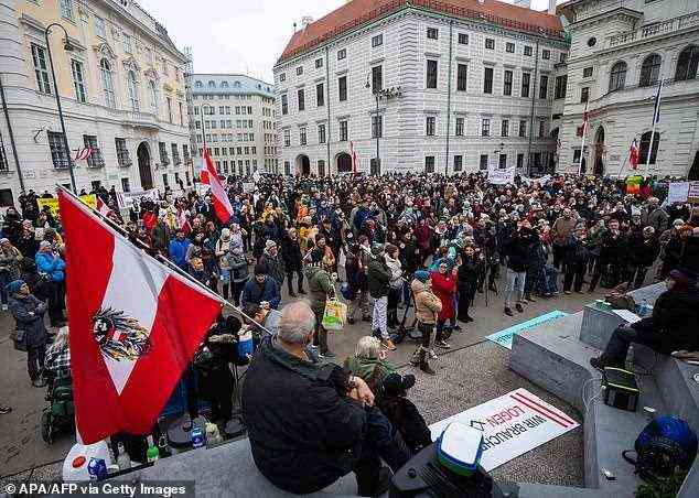 Following the announcement of the lockdown, which will last for ten days before being reviewed, hundreds of people descended upon the streets of Ballhausplatz in Vienna during an anti-vaccination rally on Sunday