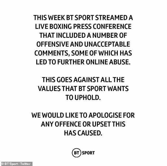 BT Sport hat sich für „inakzeptable“ Äußerungen während einer Pressekonferenz entschuldigt