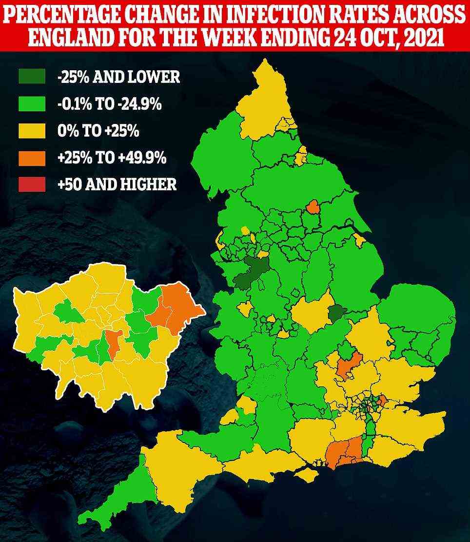 Map shows: The percentage change in case rates in authorities across in England during the week ending October 24