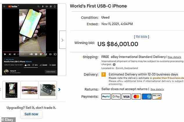 Ein Ingenieur hat eine USB-C-Version eines iPhone X erstellt und bei eBay verkauft.  Kenn Pillonel verkaufte das veränderte Gerät für 86.001 US-Dollar, mehr als das 80-fache des ursprünglichen Angebotspreises